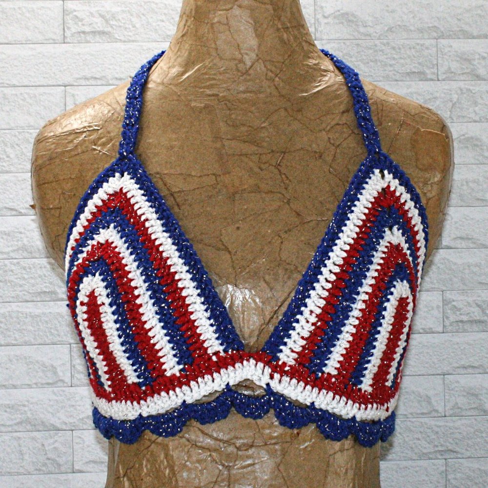 HAND CRAFTED Crop Top Crochet Bikini Patriotic Stripe Metallic Red White Blue